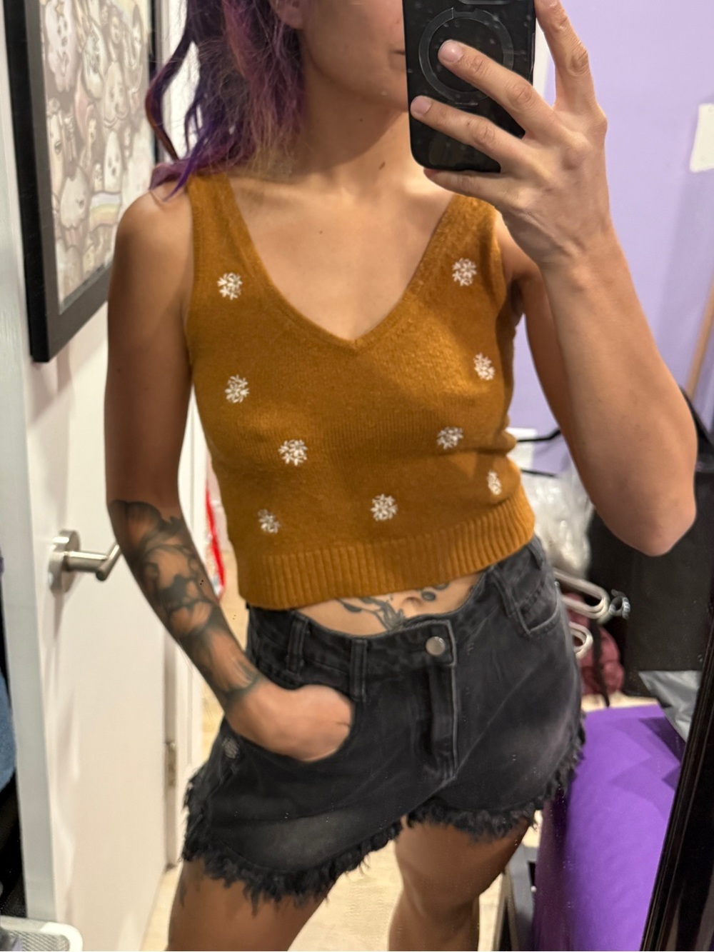Madewell Mustard Cropped V-Neck Knit Tank with White Floral Embroidery